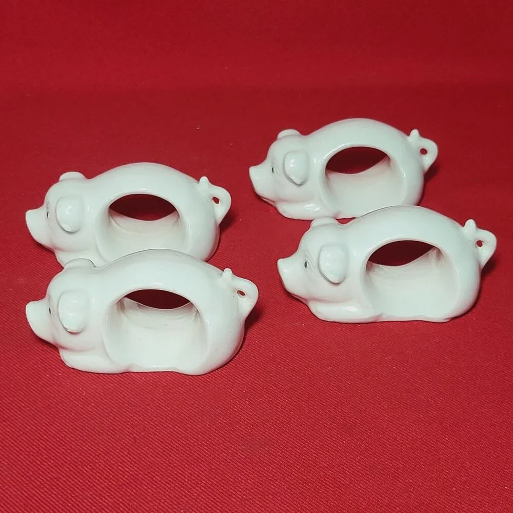 Vintage Napkin Holder Ring Pigs Porcelain White Piggy Napkin Rings Set of 4